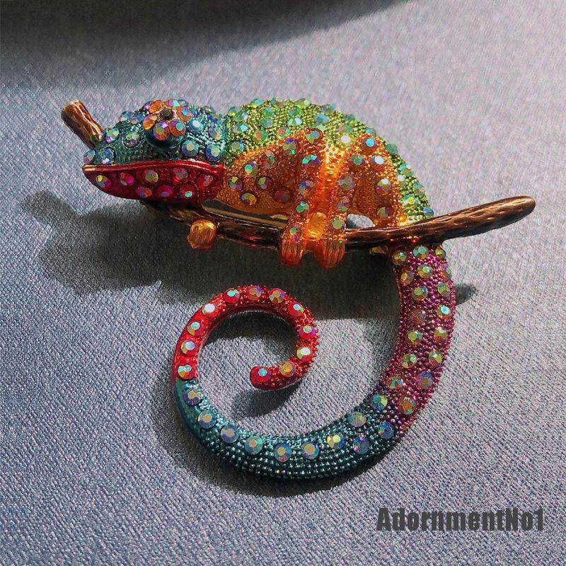 (Adornmentno1) Bros Pin Enamel Desain Kadal Lizard Chameleon Hias Berlian Imitasi