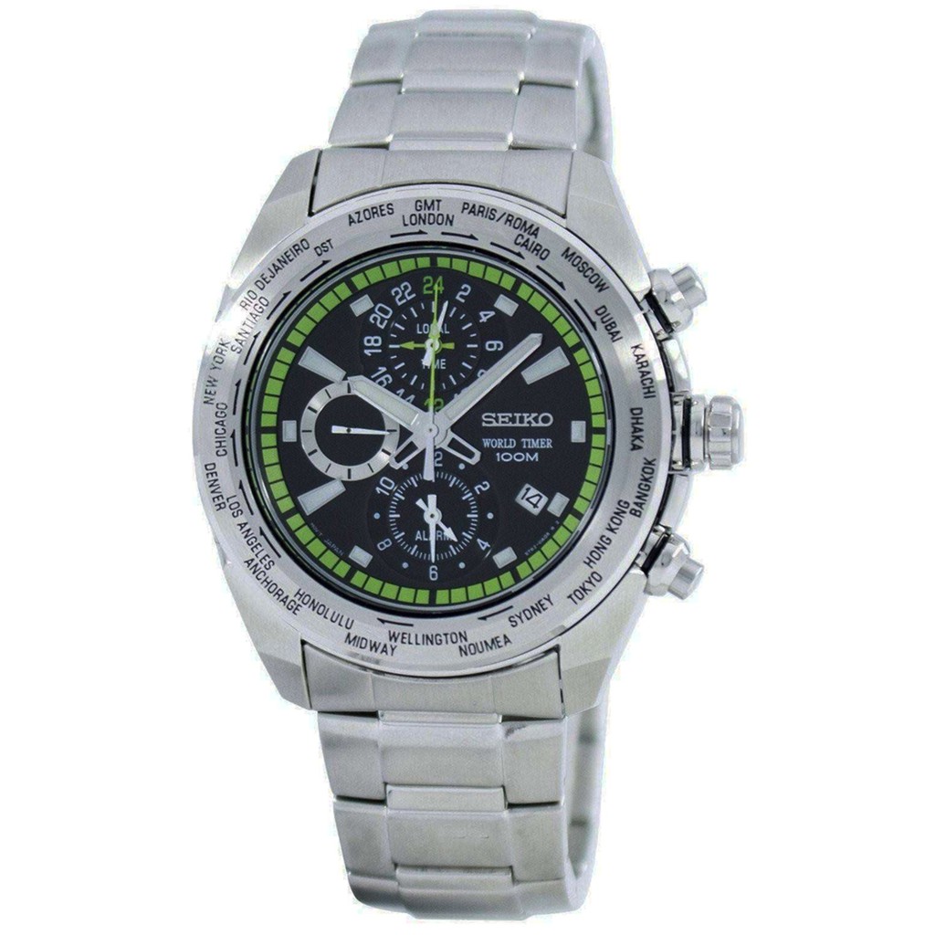 Seiko World Time Jam Tangan Pria - Silver Hijau - Stainless Steel- SPL033