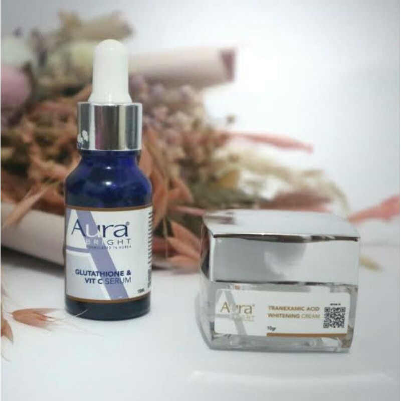 paket serum & cream - AURA BRIGHT Glutathione Vit C serum dan Tranexamic Acid Whitening Cream