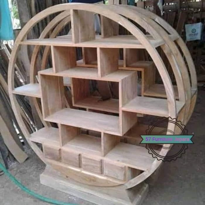 Rak bundar hias ruang tamu jati mentahan tempat buku/ boneka/ tas