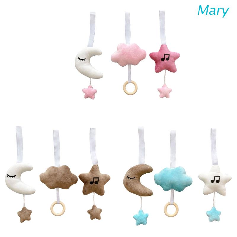 Mary 3pcs / Set Mainan Rattle Gantung Bentuk Bintang / Bulan / Awan Bahan Kayu Untuk Stroller Bayi