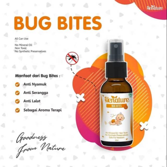 Henature Bug Bites 30 & 60ml semua Usia, melindungi mengobati dari gigitan serangga alami berkhasiat