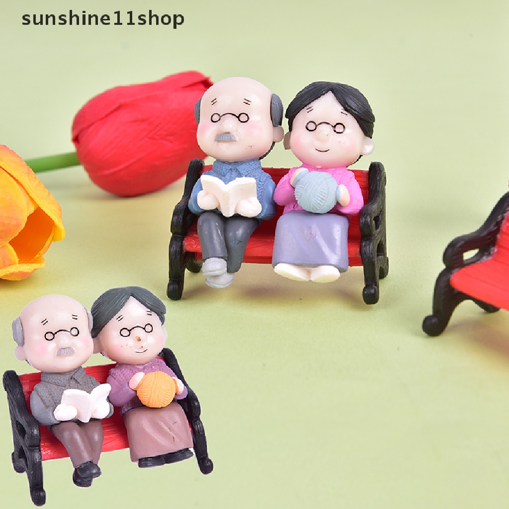 (SHO) 3pcs / set Miniatur Pasangan Kakek Nenek Bahan Resin Untuk Dekorasi Rumah