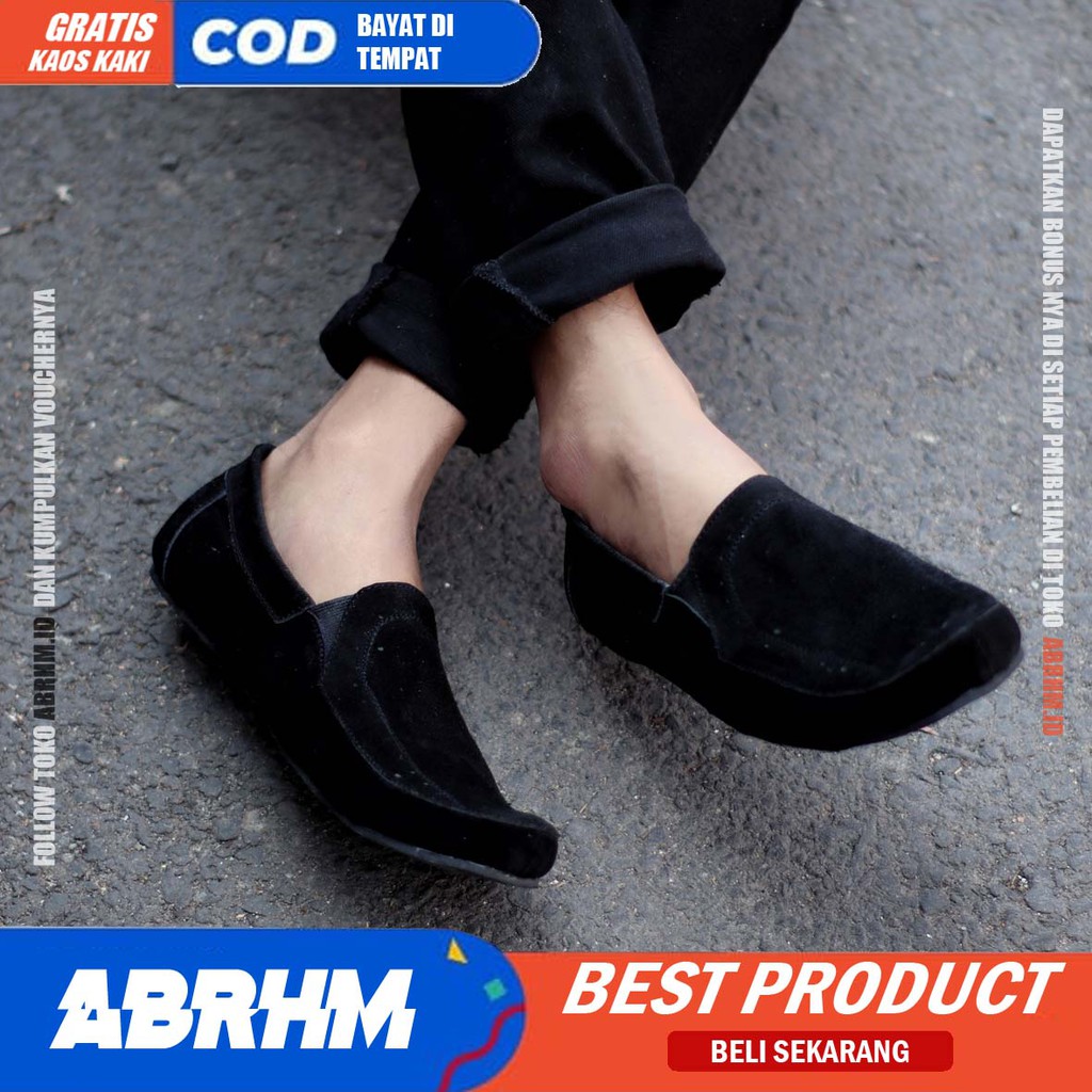 ABRHM X JESTER Sepatu Slip On Pria Sepatu Casual Slip On Kulit Asli Suede Cowo/Cowok Santai Kerja Sepatu Kasual Gaya Keren Kekinian Murah Terlaris