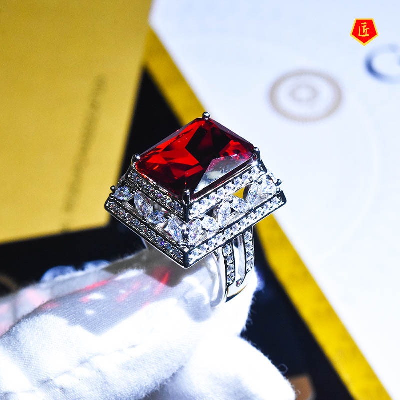 [Ready Stock]Natural Ruby Square Diamond Open Ring Creative Pagoda Shape