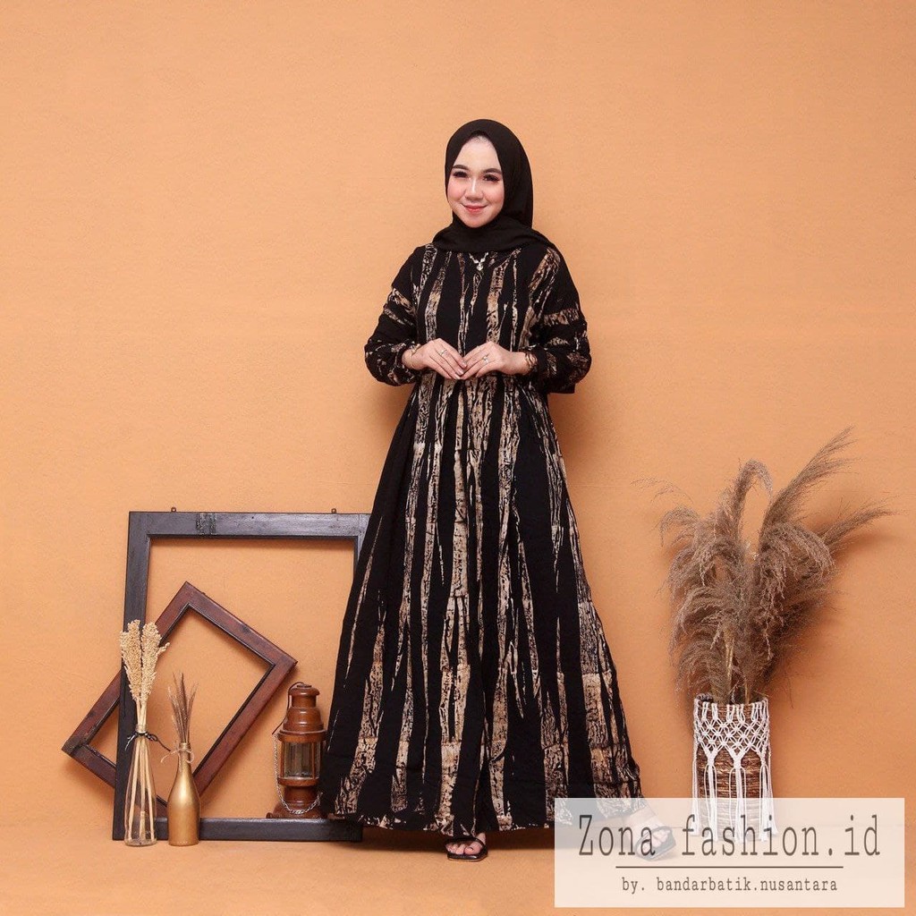 ZONA Baju Gamis Wanita Terbaru dress wanita Muslim Rayon Premium Gamis Bermotif Batik abstrak-1
