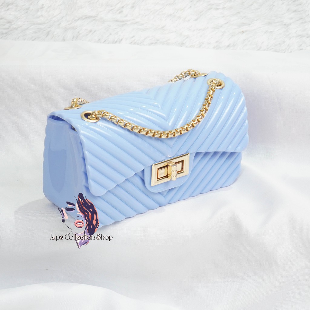 Tas Jelly Glossy Motif Salur Size 18 Cm Rantai Gold