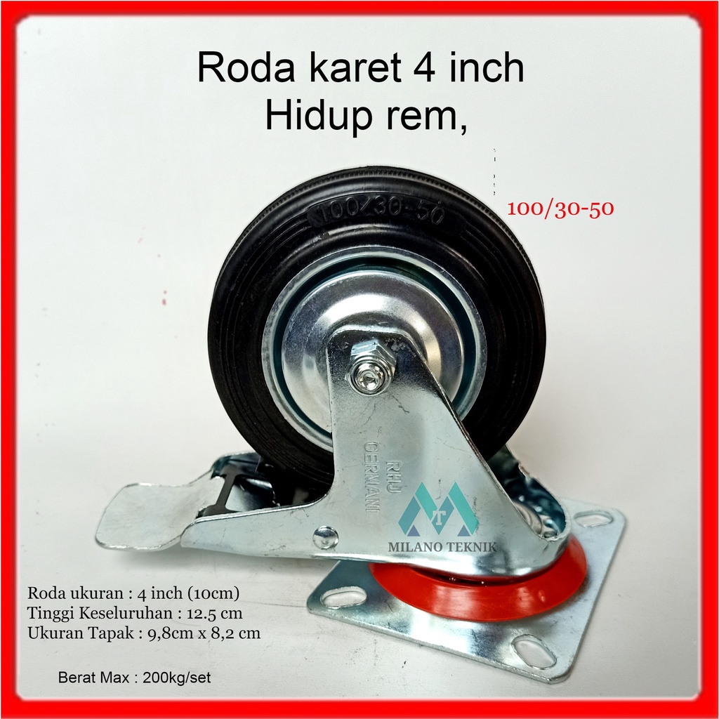 Roda Troli 4&quot; Hidup Rem Roda Karet 4 inch Roda Etalase Roda Gerobak