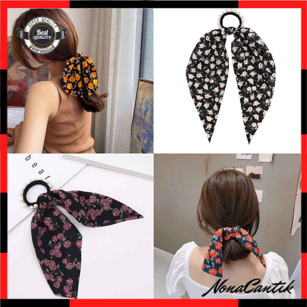 Ikat Rambut Mutiara Pita Satin Kuncir Korea Mutiara Scrunchie Jurai Panjang Pearl Silk Scarf Ribbon Hair Ring