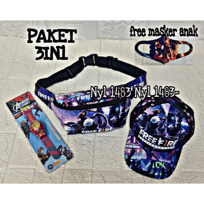 PAKET MURAH 3IN1 TAS SELEMPANG WAISTBAG ANAK KARAKTER KARTUN FREE JAM DAN TOPI ANAK ( REAL PICT)