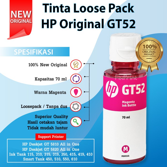 Tinta HP Original GT52 Magenta M0H55A 70ml Printer Tank 115 315 415 319 419 Deskjet GT5810 GT5820