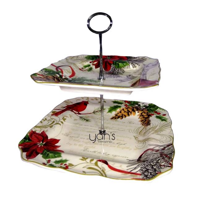 Piring Kue Susun Kotak Keramik / Cake Tier Keramik Motif