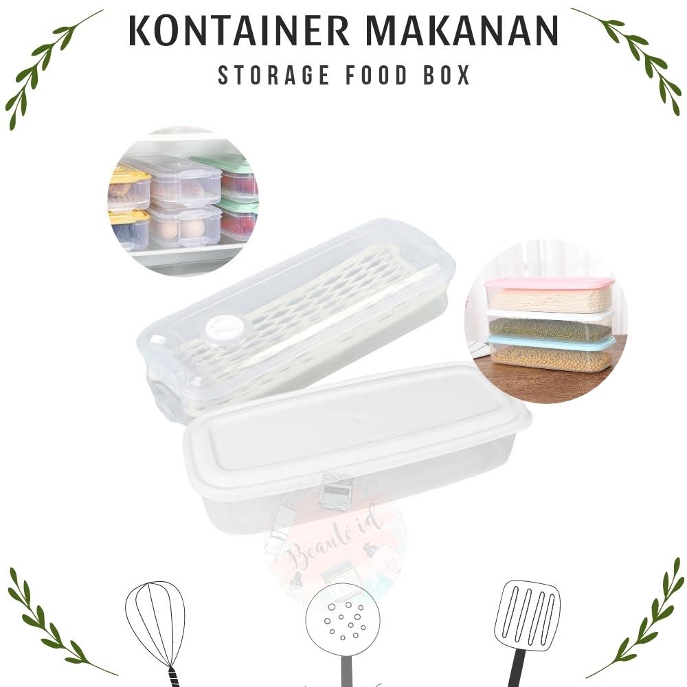 Wadah Kotak Kontainer Makanan Model Panjang Penyimpanan Ikan Sayur Sayuran Kue Pasta Masakan Kering Dapat Ditumpuk dan Disusun Simpan Dalam Kulkas Tebal Kitchen Storage Food Box Susun Tambahan with Drain Hole / Standard