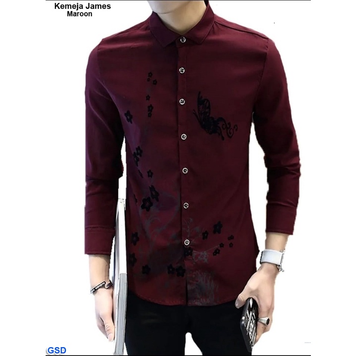 Kemeja James/ Kemeja Pria Lengan Panjang/Baju Kerja Murah Motif Bunga/ Pakaian Cowok Hem