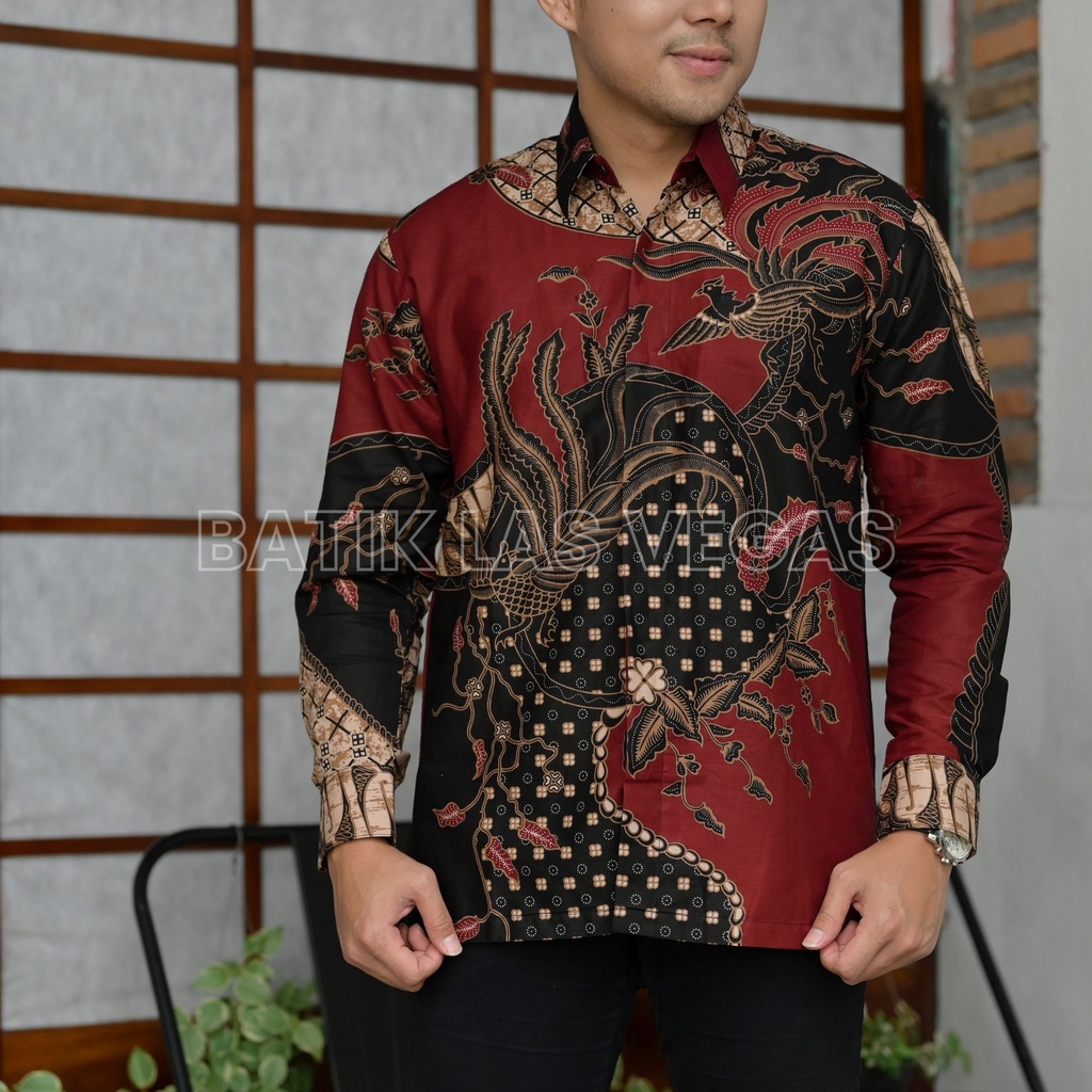PREMIUM LAS VEGAS MERAH MAROON BAJU BATIK PRIA LENGAN PANJANG