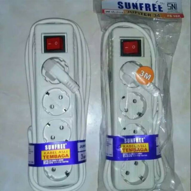 Sunfree Stop kontak 4 lubang + Kabel 3 Meter FSK 34 Jupiter