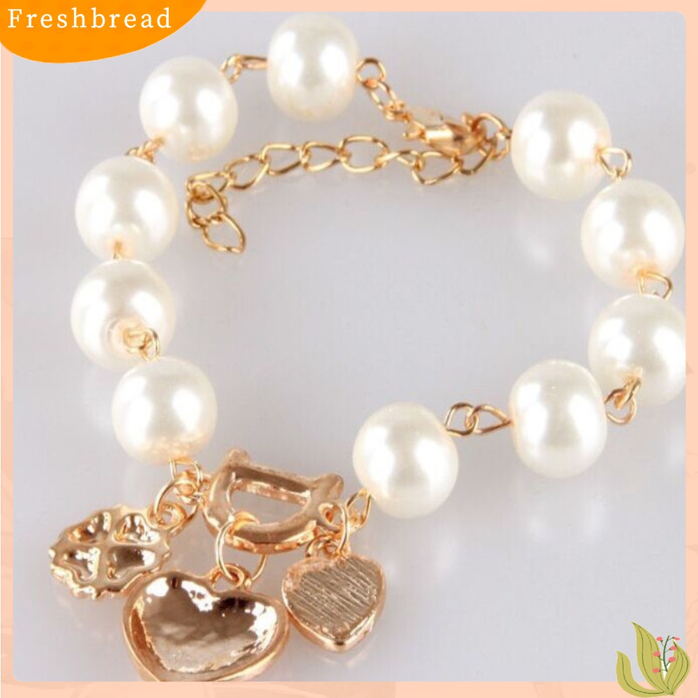 【Fresh】Fashion Faux Pearl Rhinestone Love Heart Pendant Bracelet Jewelry Party Gift