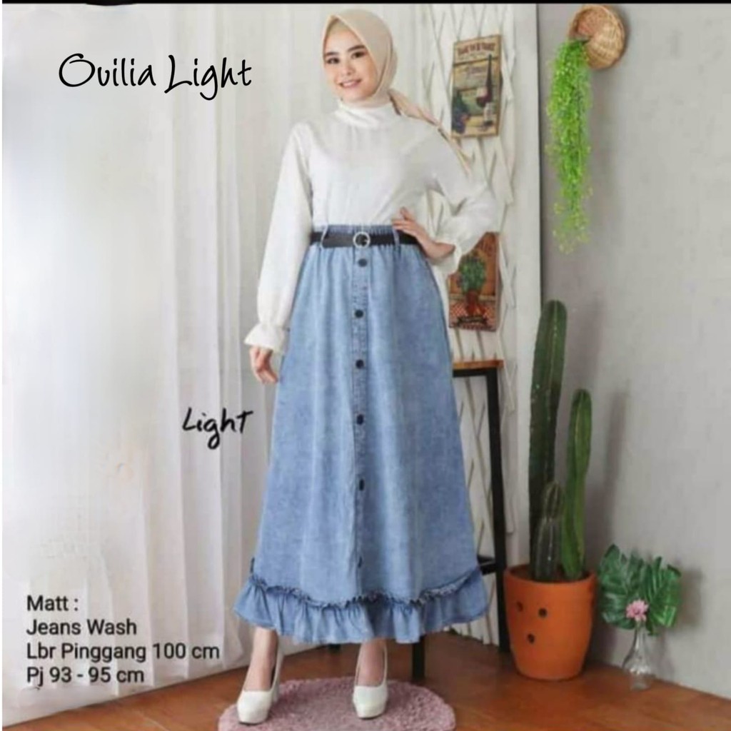 Orimoza Xandra Rok Jeans Panjang Kancing Depan Button Denim Skirt Snow-OVILIA JEANS LIGHT