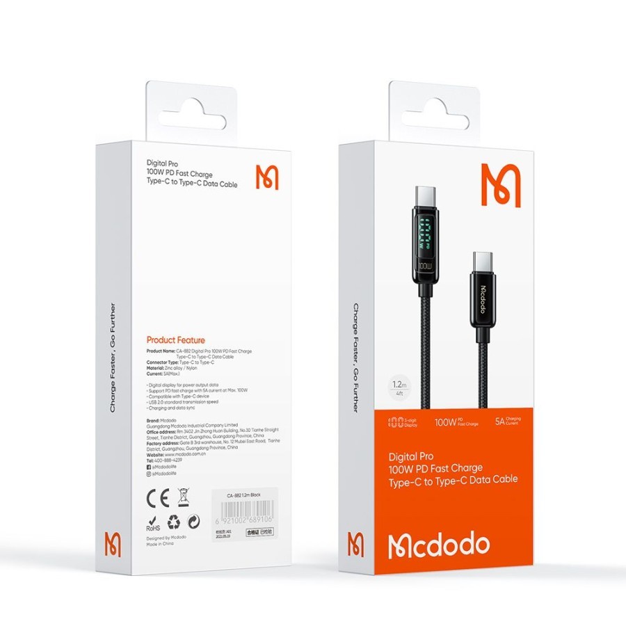 MCDODO CA-882 Digital Pro Kabel Charger USB Type C to Type C Cable PD Fast Charging 100W Samsung Oppo Huawei