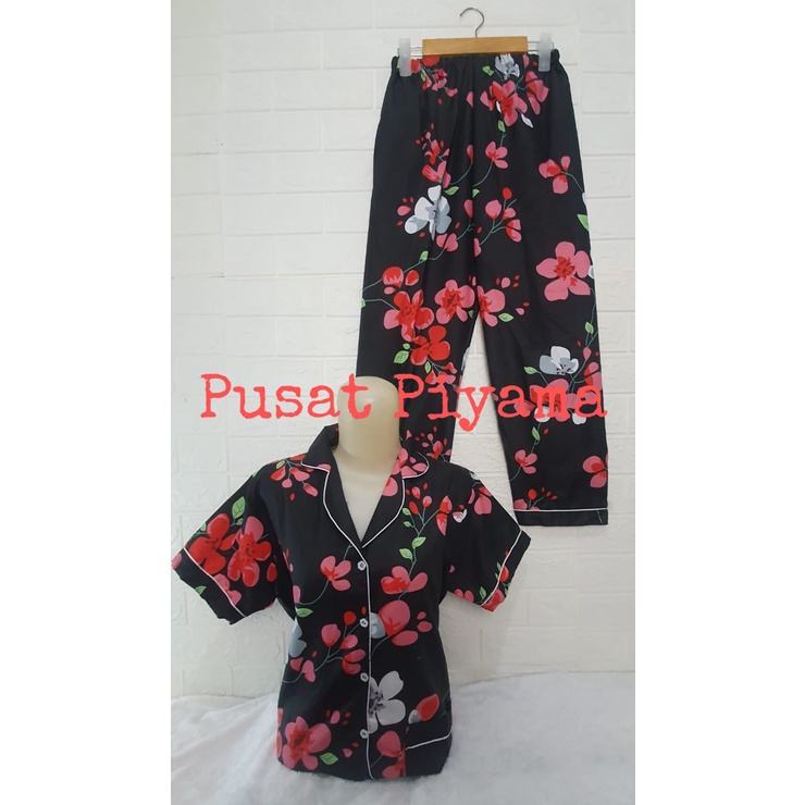 Baju Tidur Cewek Lengan Panjang Dan Lengan Pendek Motif Kotak Piyama Wanita Kekinian Pajamas Dewasa-CP SAKURA HITAM L