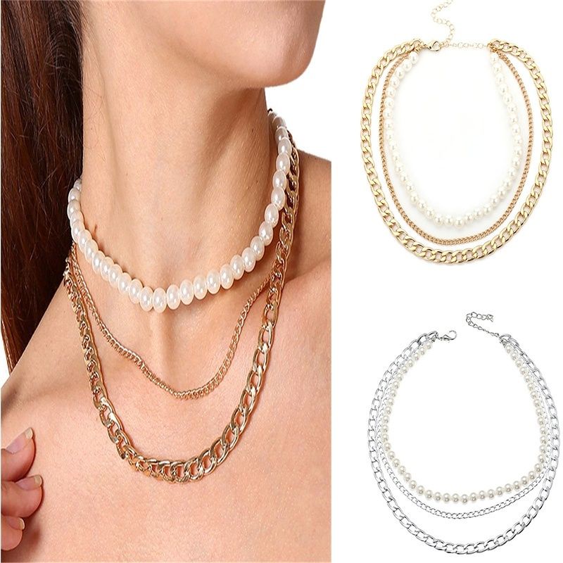 Kalung Rantai Korea Triple Layer Susun Mutiara Korean Pearl Multilayer Necklace Kalung Susun Tumpuk