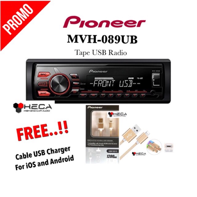 Pioneer MVH-089UB Single din Tape Mobil Radio USB Head Unit + Free Cable USB Charger