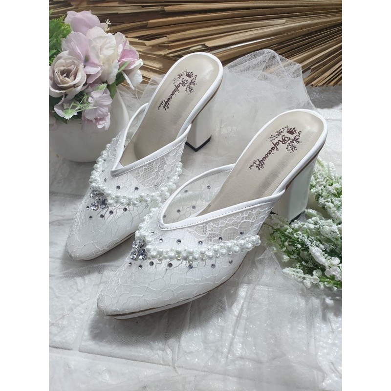 sepatu wedding v mozza putih lace brukat tinggi 9cm hak tahu