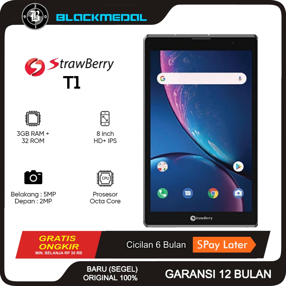 Strawberry T1 Black Tablet Android 8 inch Baru Original Segel Resmi Garansi 1 Tahun