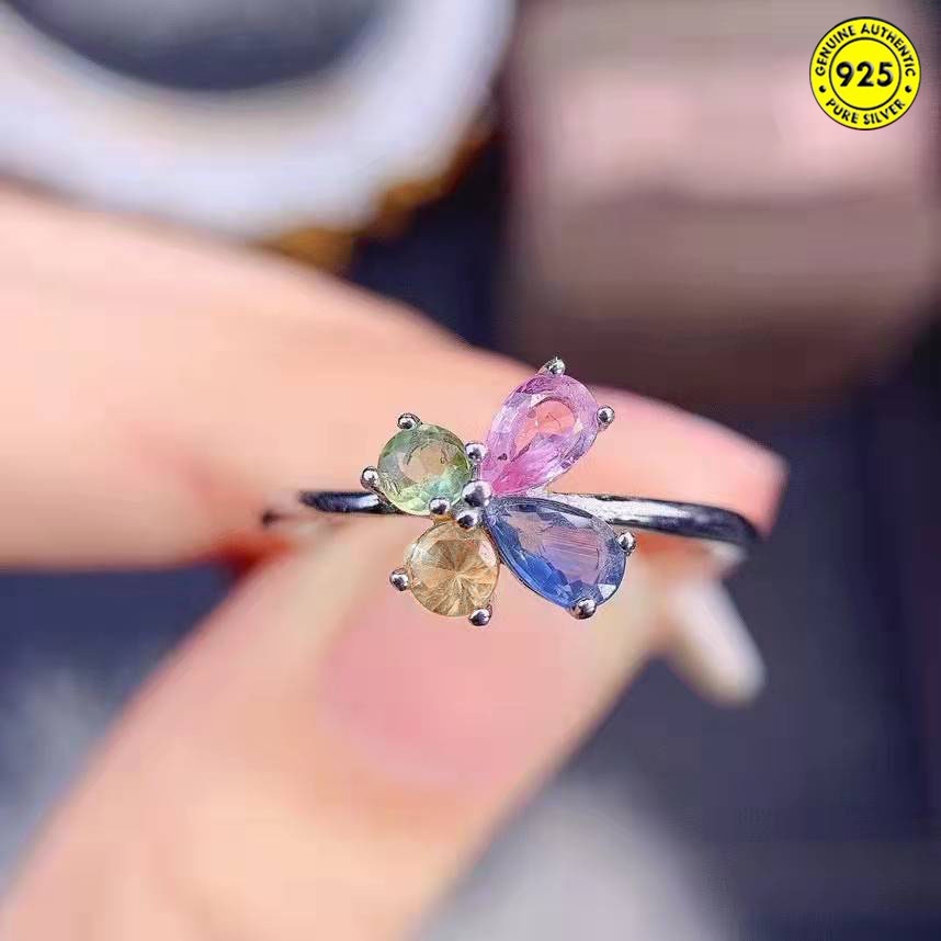 Cincin Model Terbuka Desain Kupu-Kupu Aksen Batu Permata Warna-Warni