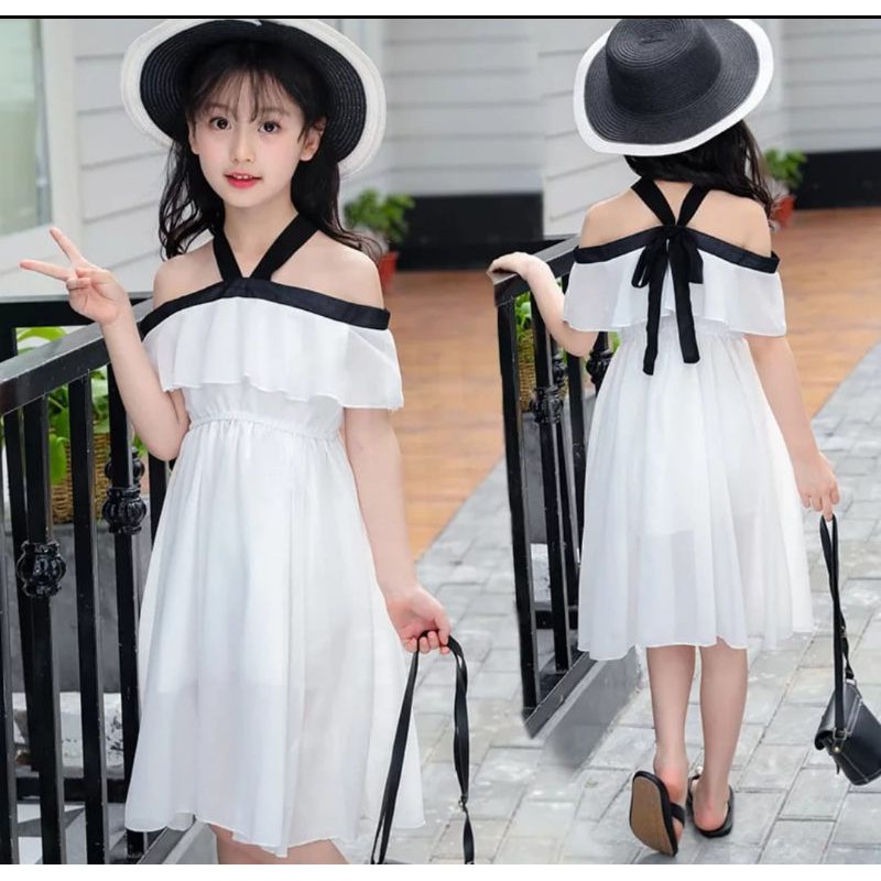DRESS ANAK LIS Gaun kids casual putih white hangout mall ultah ulang tahun murah