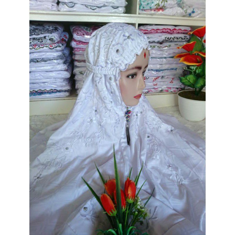 MUKENA BORDIR LAJURAN/TERUSAN SEMI SUTRA ADEM, NYAMAN DG MOTIF KOTAK KECIL MEWAH