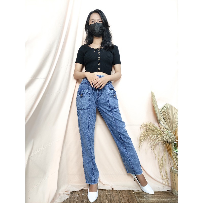 SB Collection Celana Panjang Yennie Jeans Longpants Wanita All Size Tersedia Warna Hitam dan Biru