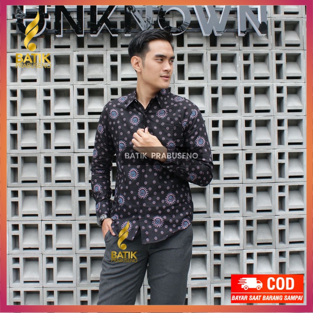 PRABUSENO Ori Kemeja Batik Pria AJI ADIRAGA  Lengan Panjang Slimfit Katun Lapis Furing Baju Hem Kant