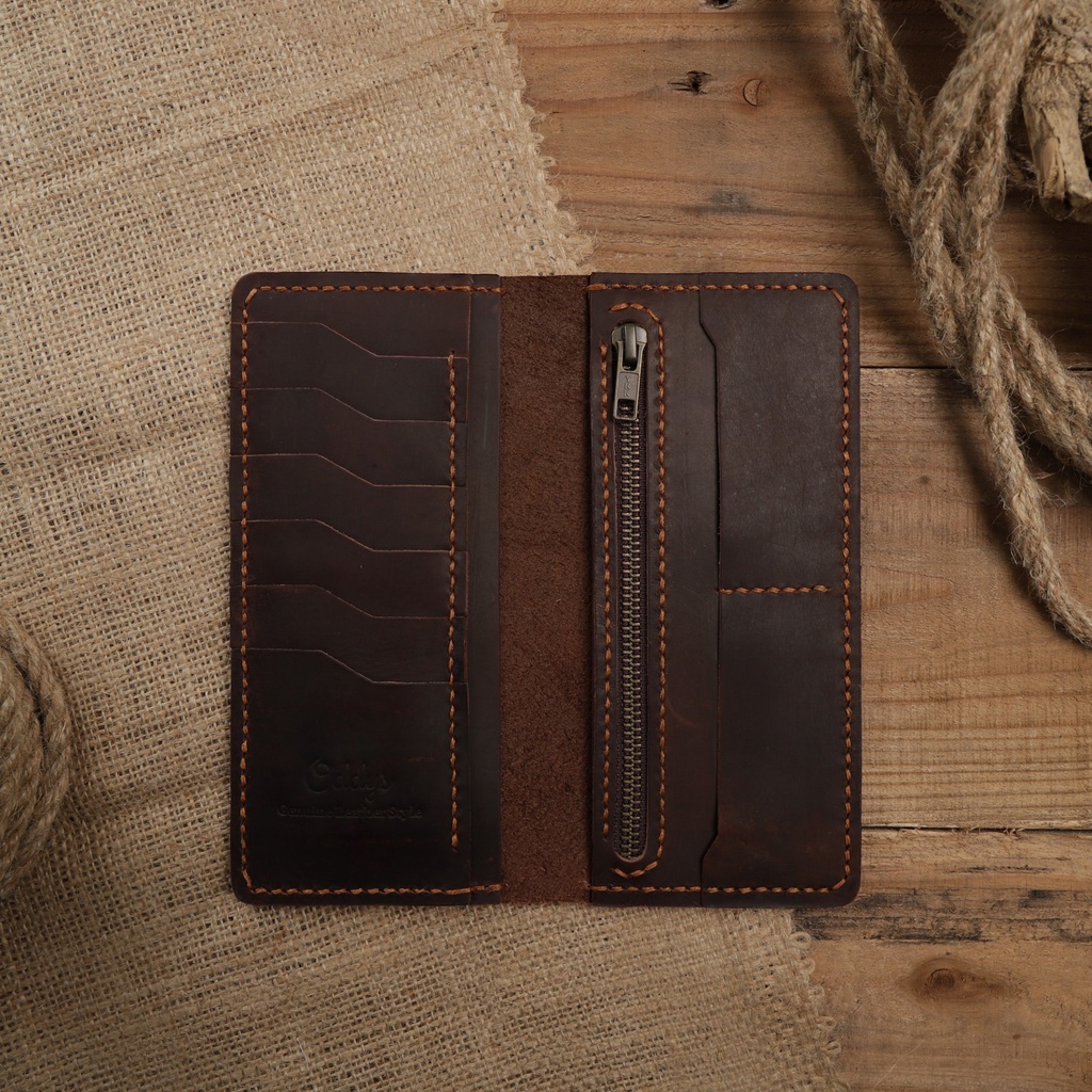 Dompet Panjang Kulit Asli Crazy Horse Seri AERON Dark Brown - Leather Phone Wallet