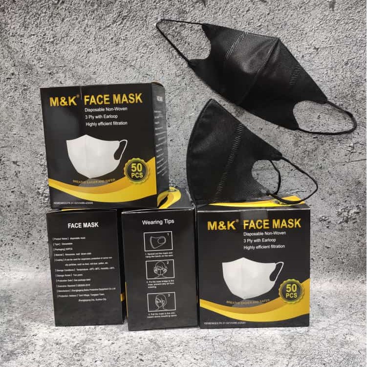 PER BOX 50 PC - MASKER DUCKBILL 3PLY M&amp;K MK FACE MASK KEMENKES HITAM / PUTIH - BLACK / WHITE