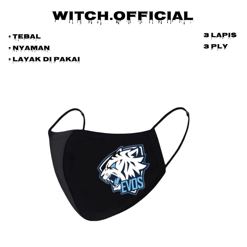 Mask EVOS ESPORT - Masker Kain 3 Lapis / Hitam 3PLY / Dewasa / Pria / Anak / Outdoor