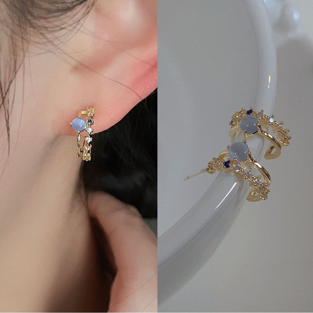 Anting Tusuk Sterling Silver 925 Desain Mata Kucing Hias Batu Permata Biru Gaya Korea Untuk Wanita