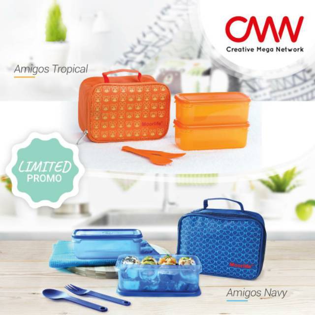 PROMO  Bekal makan set Moorlife Amigos Tropical & Navy (Anti Tumpah)/lunch box/kotak makan