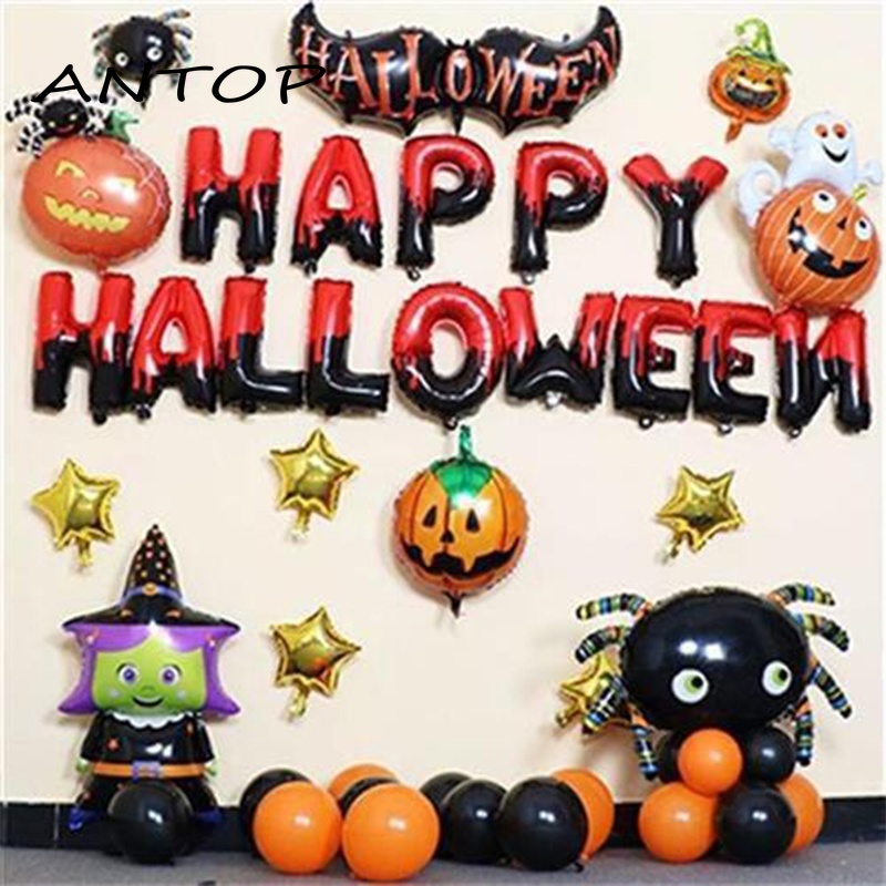 Halloween Dekorasi Balon Kartun Kelelawar Labu Kerangka Aluminium Foil Balon Horor Dekorasi Pesta Alat Peraga ANTOP