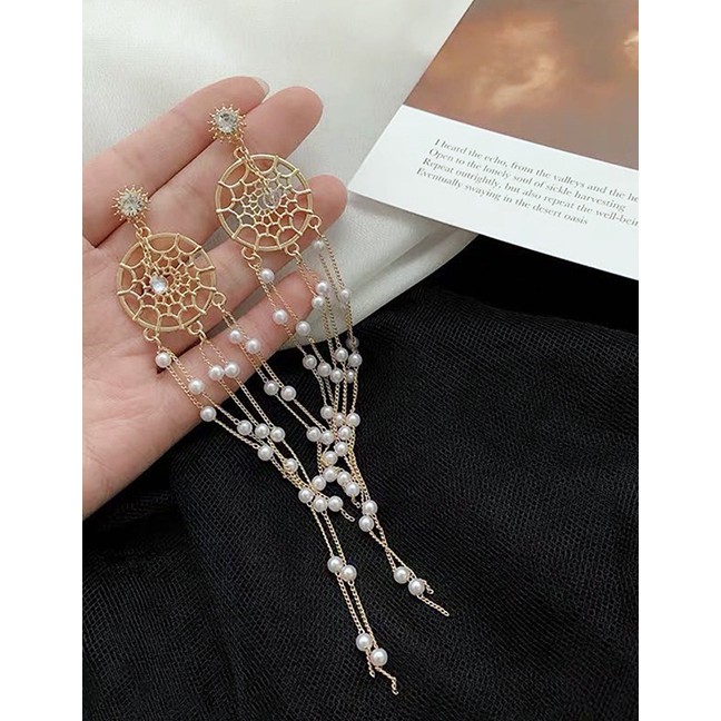 LRC Anting Tusuk Fashion Golden Alloy Long Tassel Earrings K04171