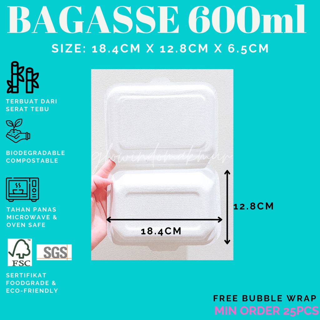 Bagasse Kotak 600ml Lunchbox Takeaway Sugarcane Serat Tebu ECO FRIENDLY