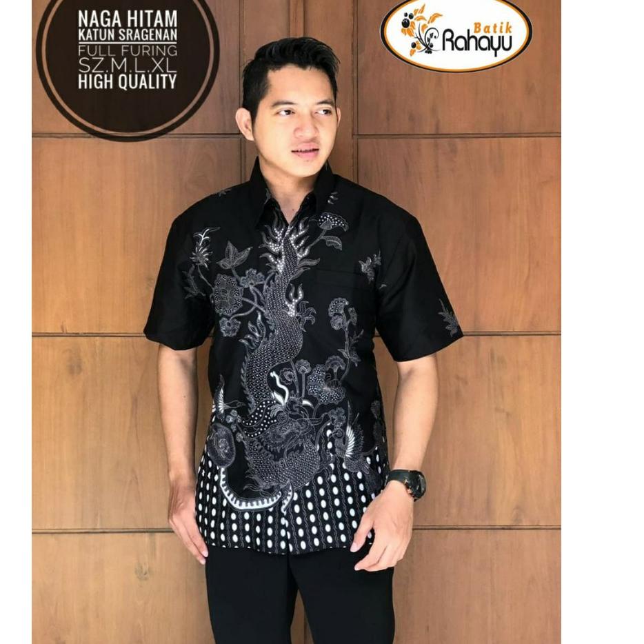 Harga Spesial.. Naga Hitam RAHAYU Kemeja batik pria motif naga abu hitam lengan pendek berfuring kem