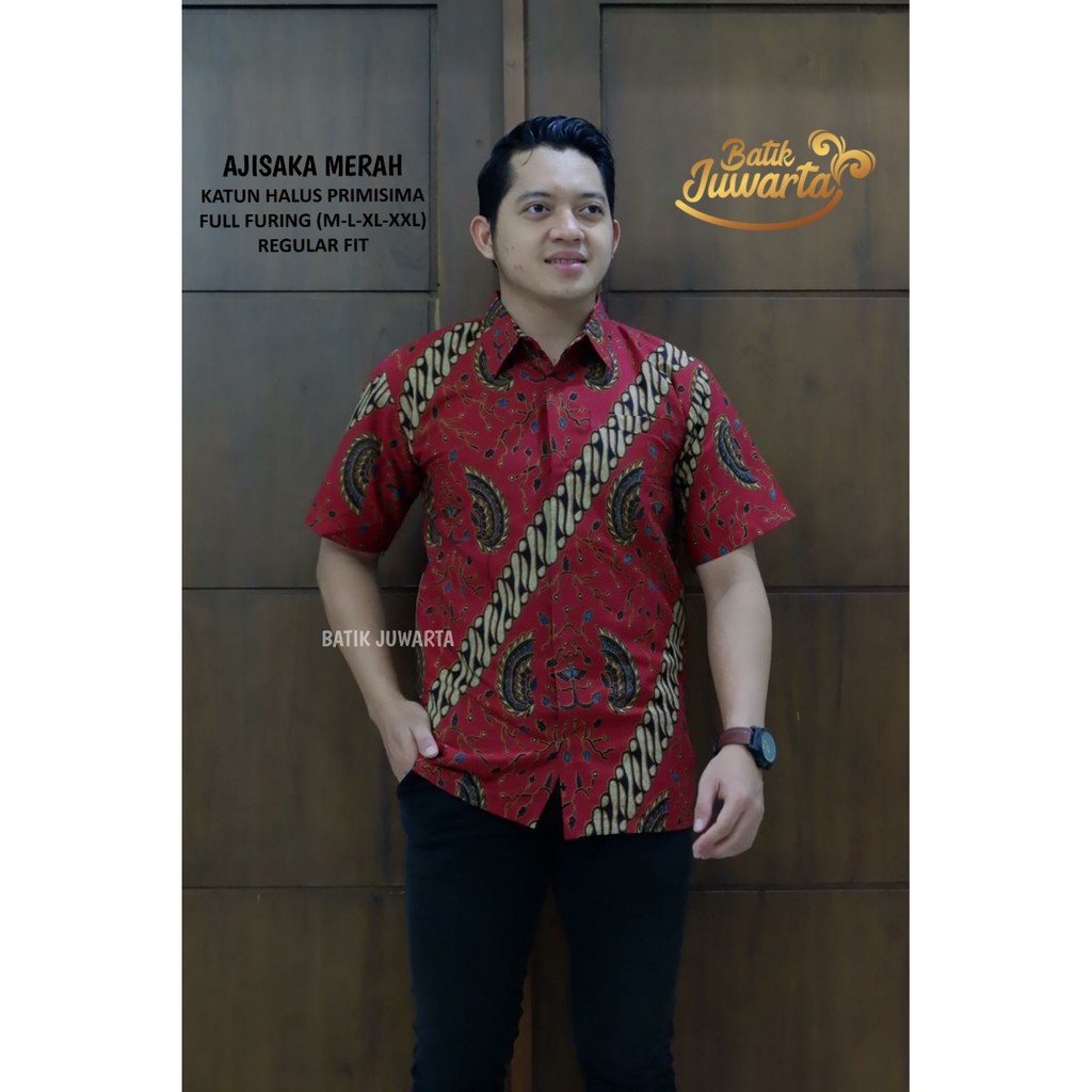 Ajisaka Merah Pendek Kemeja Batik Pria Full Furing Bahan Katun Halus Sragenan