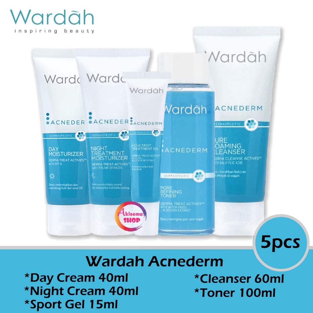 Paket Wardah Acnederm Perawatan Jerawat 5pcs (Day 40ml+Night 40ml+Gel 15ml+Toner 100ml+Cleanser 60ml)