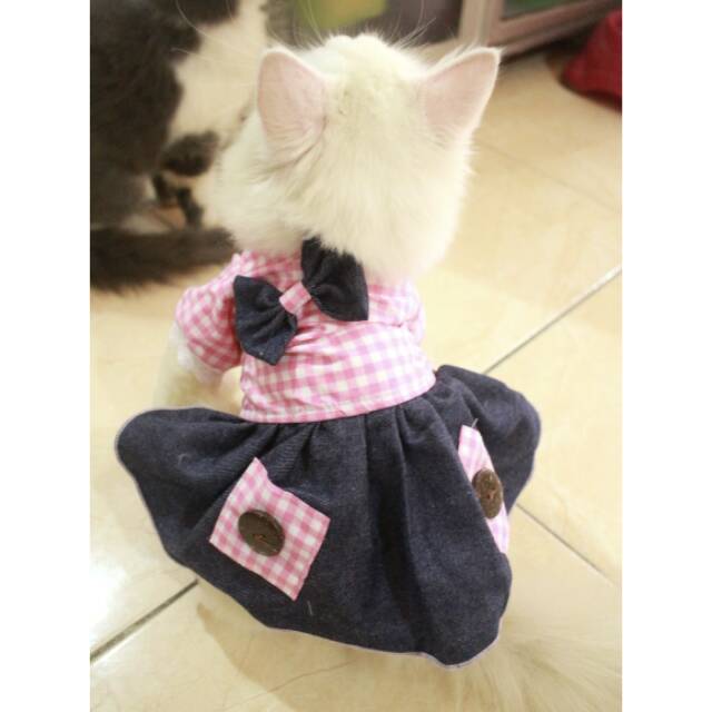 Dress kotak-kotak pinky lucu untuk kucing dan anjing / baju kucing murah meriah size S M L XL