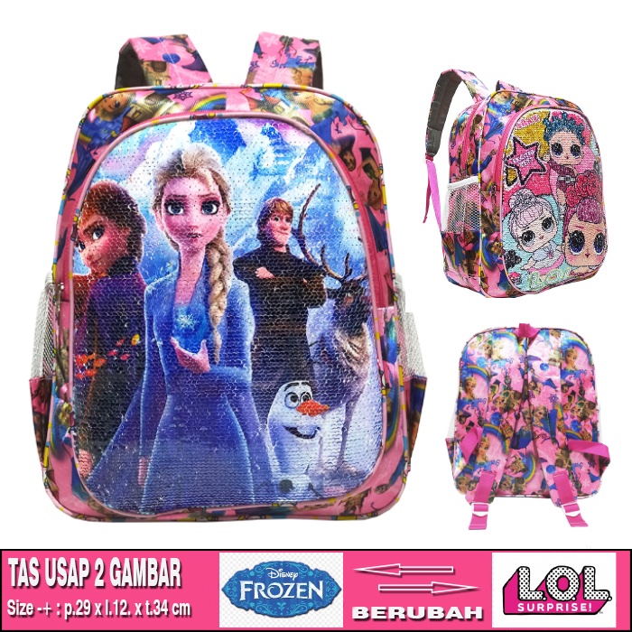 APPA Tas Ransel Anak Prempuan Sekolah TK/SD Sequin Usap 2 Gambar Berubah Karakter FROZEN- FROZEN