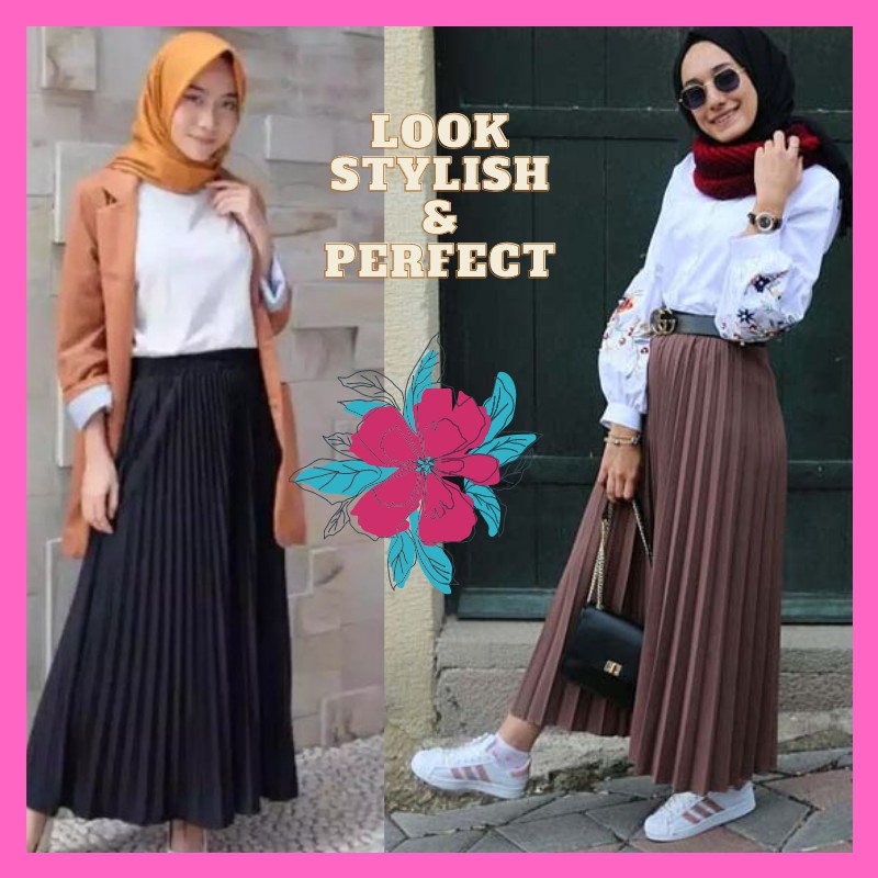 Rok Plisket  Murah Maxi skirt Prisket  Payung Jumbo Premium  Rempel Model Ootd kekiniaan Hitam Putih