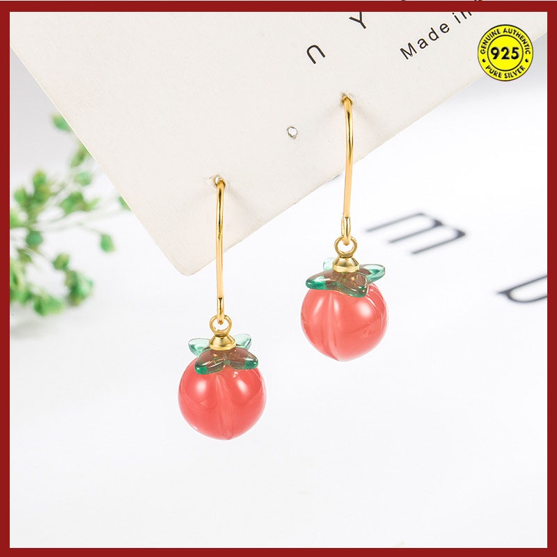 Anting Kait Sterling Silver Desain Buah Peach Agate Merah Untuk Aksesoris Musim Panas