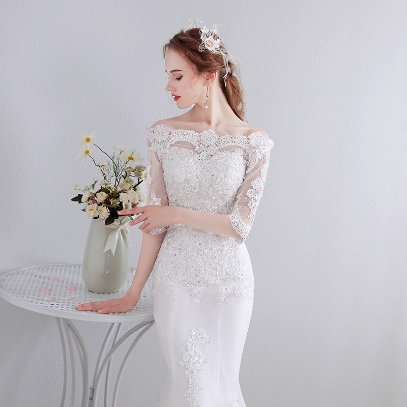 Putih Sabrina Mermaid Wedding Dress Gaun Pengantin Renda Putri Duyung Fishtail Bridal Dress