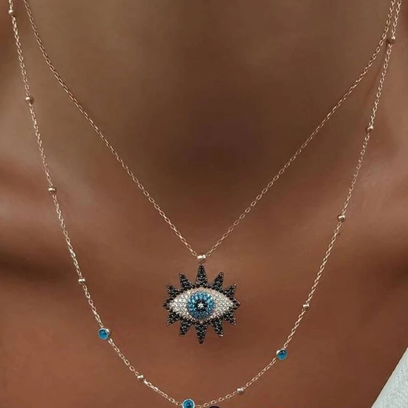 Vintage Fashion Multilayer Evil Eye Necklace Pendant Clavicle Chain Long Necklace